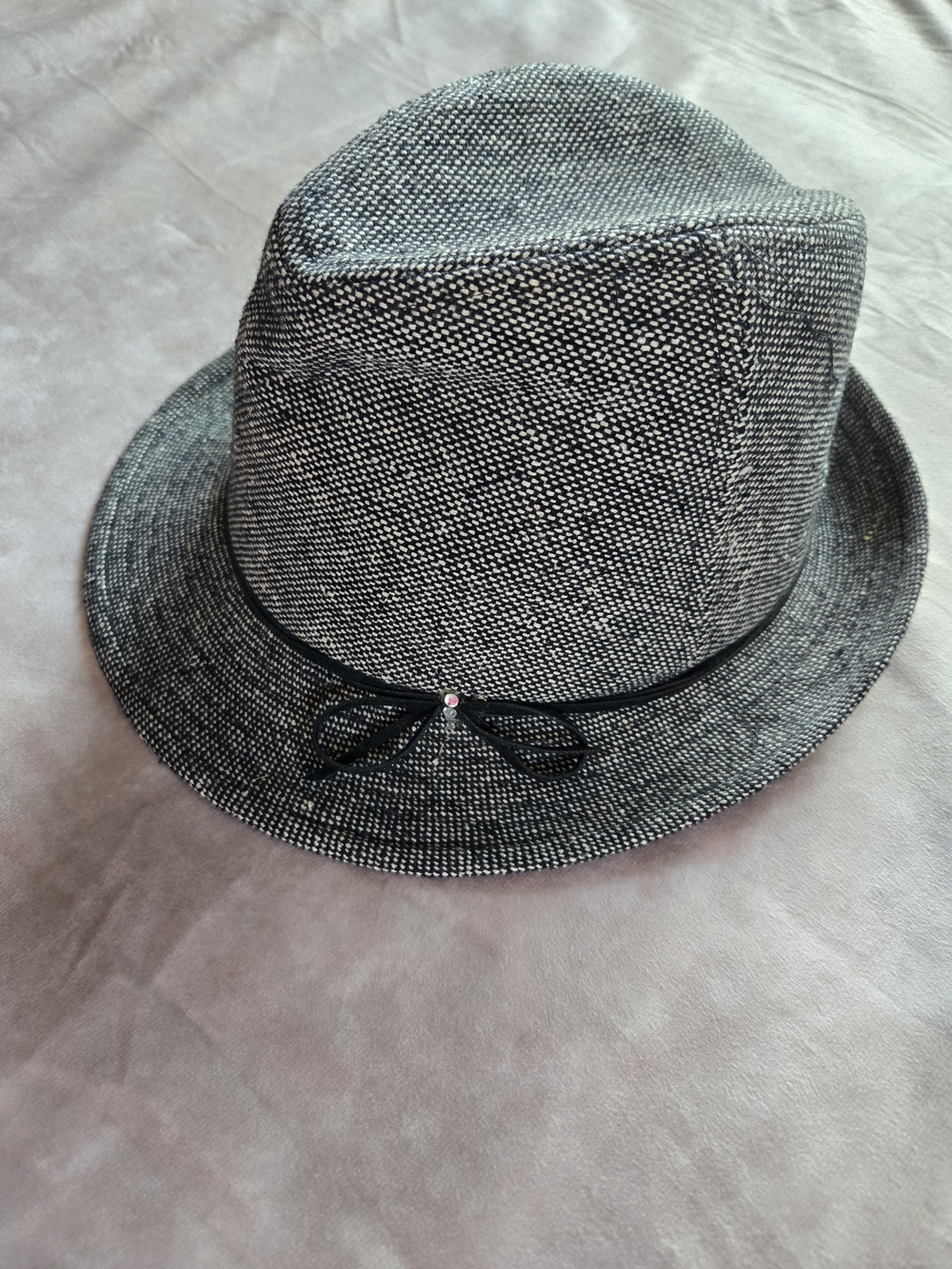 Textured Black and White Fedora Hat with Bow Trim